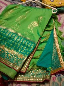 Embroidered Pink Blouse with Green Saree