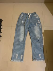 Distressed Striped Denim Pants