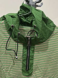 Green Striped Hooded Short Sleeve Top