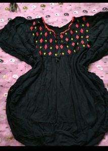 Boho Black Tunic Top with Embroidered Neckline