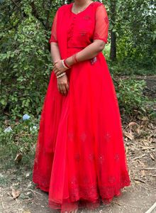 Red slit kurti with skirt