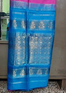 Pink Silk Saree- Blue Border with Blouse piece