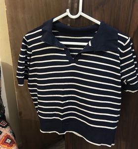Striped Polo Neck Top