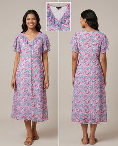 Floral Print Buttoned Midi Dress with Ruffles