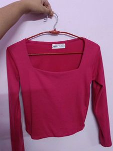 Hot Pink Square Neck Long Sleeve Zara Top