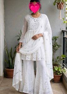 Elegant White Mirror Work Kurta Set