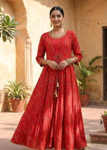 Red Printed A Line With Jacket Kurta