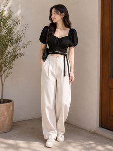 Black Puff Sleeve Wrap Crop Top