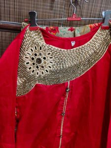 Stunning Red Embellished Kurta and skirt