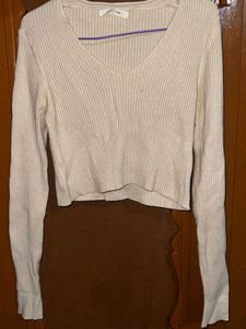 Womens Cream Ribbed V-Neck Cropped Sweater