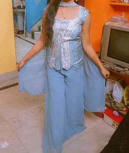 Elegant Light Blue Palazzo indowestern
