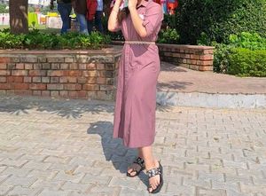 Chic Pink Shirt Dress with Embellishment