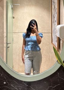 Blue Puff Sleeve Lace-Up Crop Top