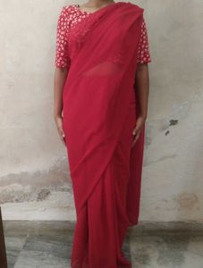 Elegant Red Saree with Printed Blouse