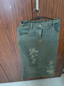 Denim Skirt with Butterfly Embroidery