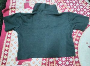 Black Ribbed Cropped Polo Shirt