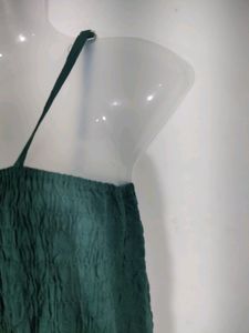Green Plain Smoking Strap Dress (Women's)