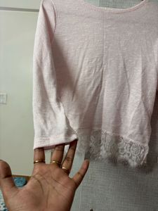 H&amp;M Pink Lace Trim Long Sleeve Top