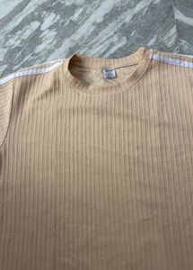 Ribbed Cream T-Shirt with Side Stripes