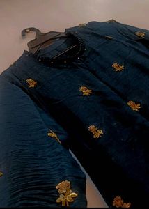 Embroidered Teal Kurta Set with Red Dupatta
