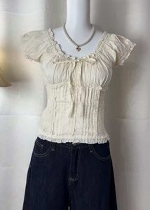 Cream Ruffled Puff Sleeve Top