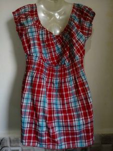 Red Plaid Smocked Peplum Top Size L 38"- 40"