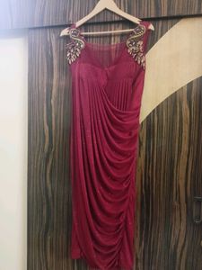 Elegant Shimmer Beaded Burgundy Midi Dress