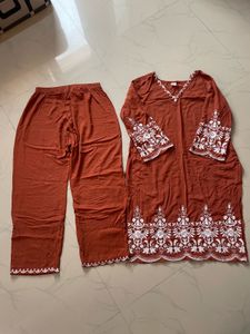 Orange Kurta Set with White Embroidery