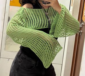 Y2K Boho Green Crochet Sheer Long Sleeve Top