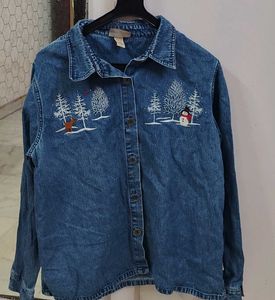 Embroidered Denim Shirt with Winter Scene