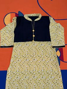Yellow Floral Kurta with Navy Blue Yoke