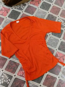 Coral Ribbed V-Neck Ruched Top