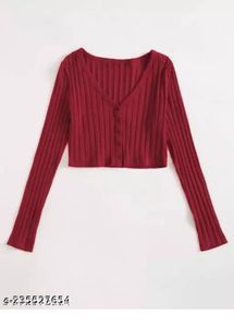 Red Ribbed Cropped Blouse Top