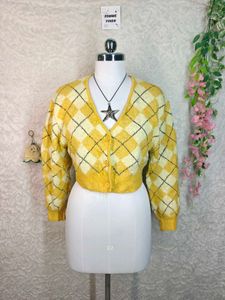 H&amp;M Yellow Argyle Cropped Cardigan