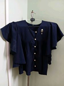 New Elegant Navy Blue Flutter Sleeve Top