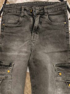 women dark grey washed Cargo Jeans