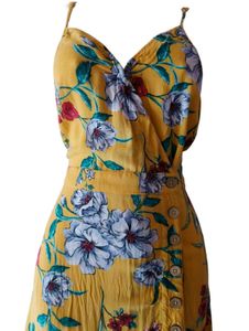 Yellow Floral Midi Dress with Tie-Front