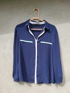 Chic Navy Blue Button-Up Blouse