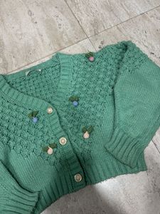 Green Knit Cardigan w/ Floral Details