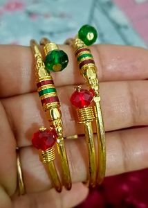 Vintage Gold Bangles with Red & Green Beads