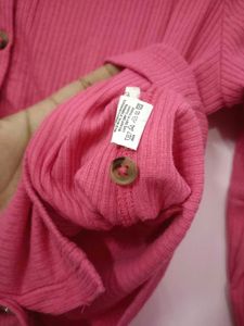 Ribbed Pink Button-Up Cardigan