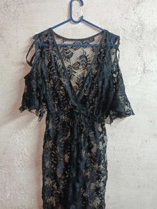 Black Lace Cold Shoulder Mini Dress Sheer