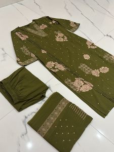 Olive Green Embroidered Kurti Set