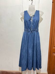 Denim Midi Dress with Tie Neck