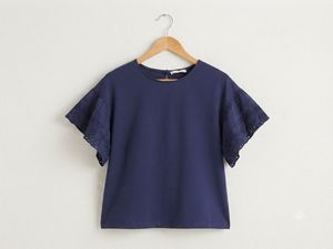 Navy Blue Eyelet Sleeve Top