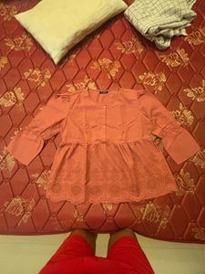 Rust Embroidered Peplum Cotton Top for Women | Rou