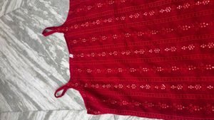 Red Embroidered Cotton Kurta