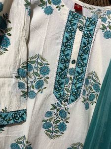 Elegant Cream &amp; Sky Blue Floral Kurta Set