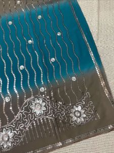 Elegant Embellished Saree - Teal and Brown