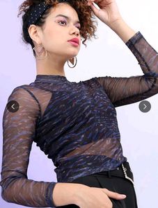Blue Patterned Mesh Top